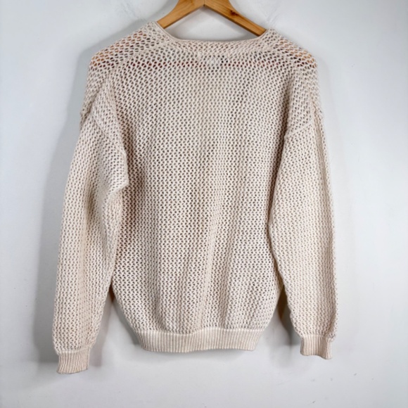 VTG 90s Cream Crochet Cardigan M Ivory Open Knit V Neck Button Up Granny Cottage - Picture 4 of 9